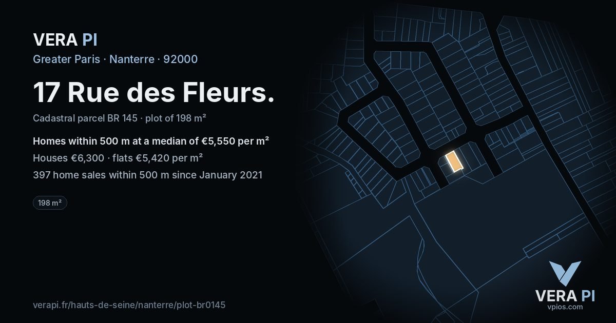 17 Rue des Fleurs, Nanterre at night – the plot lit, the parcels around coloured by the prices near them