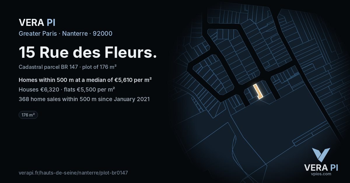 15 Rue des Fleurs, Nanterre at night – the plot lit, the parcels around coloured by the prices near them