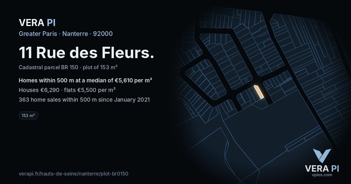 11 Rue des Fleurs, Nanterre at night – the plot lit, the parcels around coloured by the prices near them