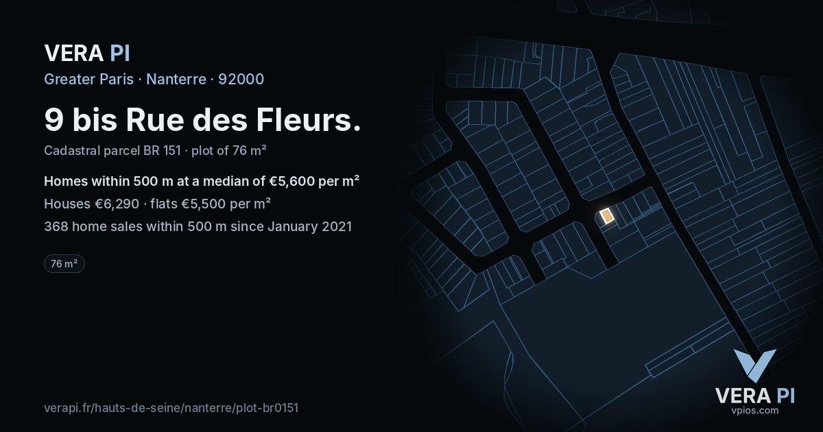 9 bis Rue des Fleurs, Nanterre at night – the plot lit, the parcels around coloured by the prices near them