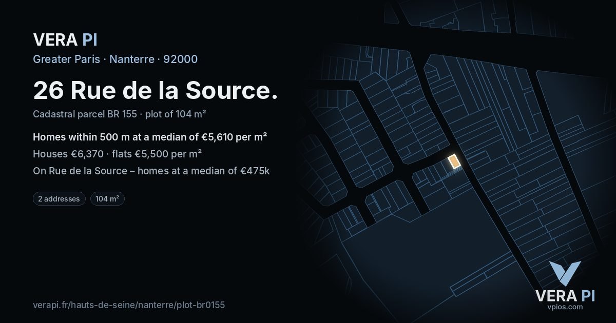 26 Rue de la Source, Nanterre at night – the plot lit, the parcels around coloured by the prices near them