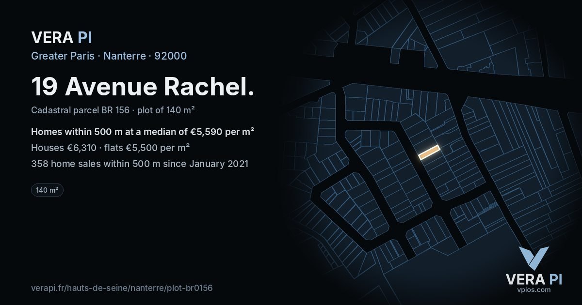 19 Avenue Rachel, Nanterre at night – the plot lit, the parcels around coloured by the prices near them