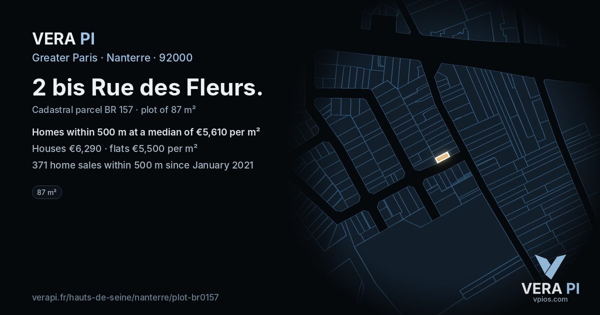 2 bis Rue des Fleurs, Nanterre at night – the plot lit, the parcels around coloured by the prices near them