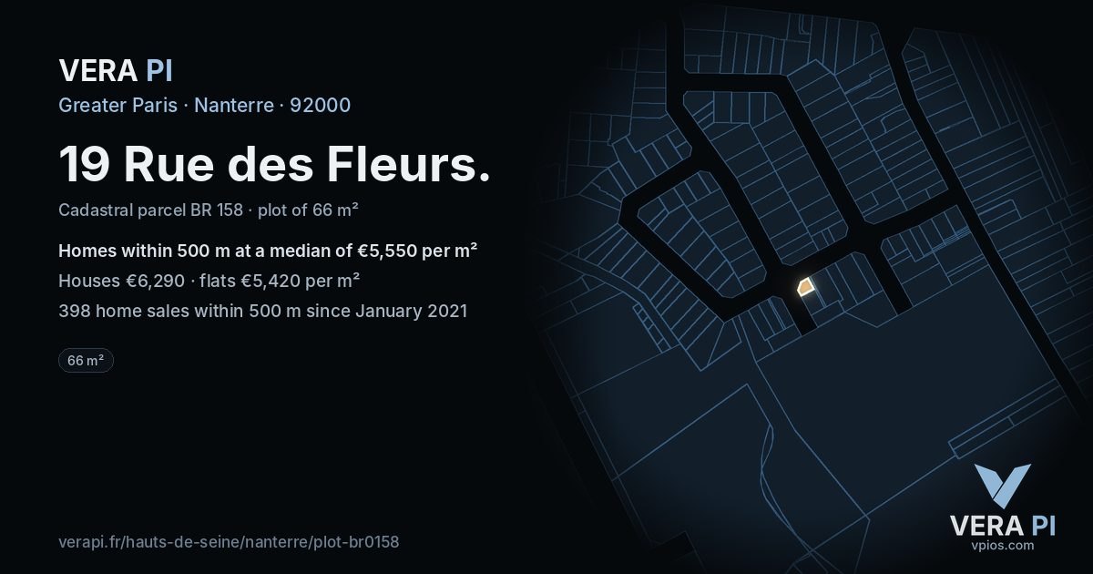 19 Rue des Fleurs, Nanterre at night – the plot lit, the parcels around coloured by the prices near them
