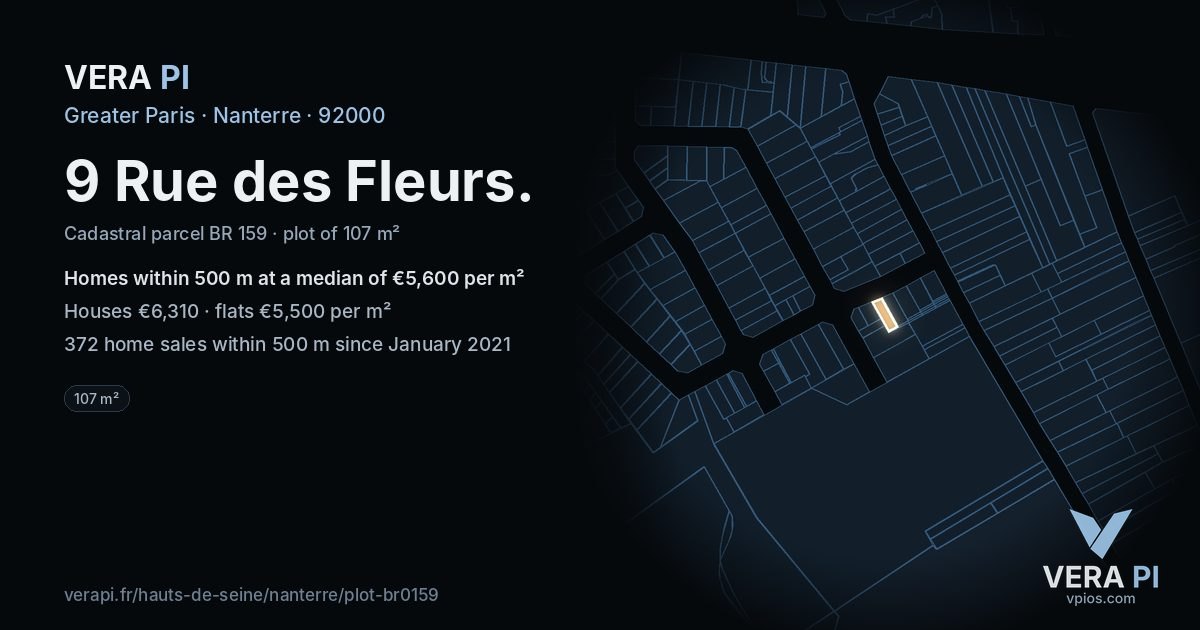 9 Rue des Fleurs, Nanterre at night – the plot lit, the parcels around coloured by the prices near them