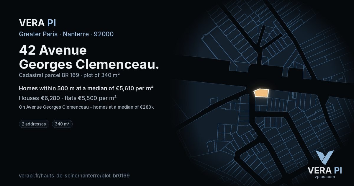 42 Avenue Georges Clemenceau, Nanterre at night – the plot lit, the parcels around coloured by the prices near them