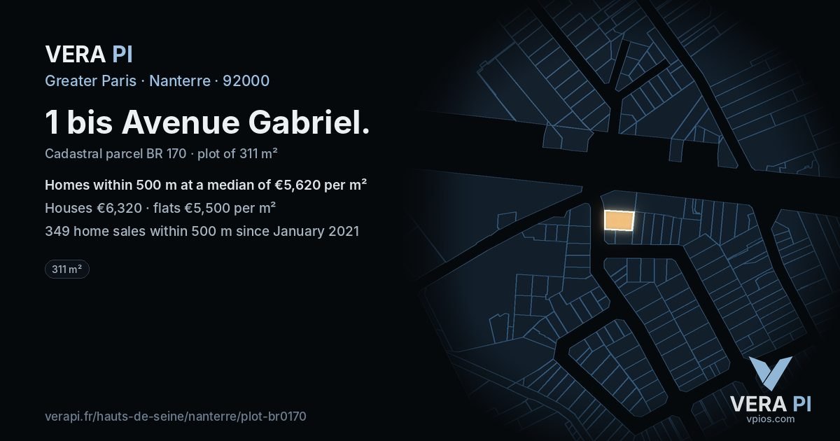 1 bis Avenue Gabriel, Nanterre at night – the plot lit, the parcels around coloured by the prices near them