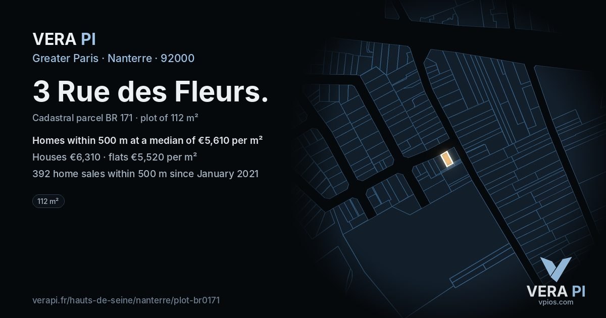 3 Rue des Fleurs, Nanterre at night – the plot lit, the parcels around coloured by the prices near them
