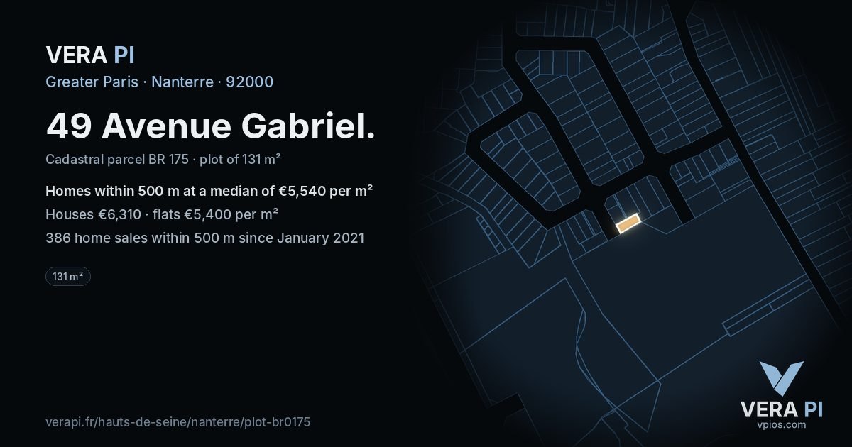49 Avenue Gabriel, Nanterre at night – the plot lit, the parcels around coloured by the prices near them