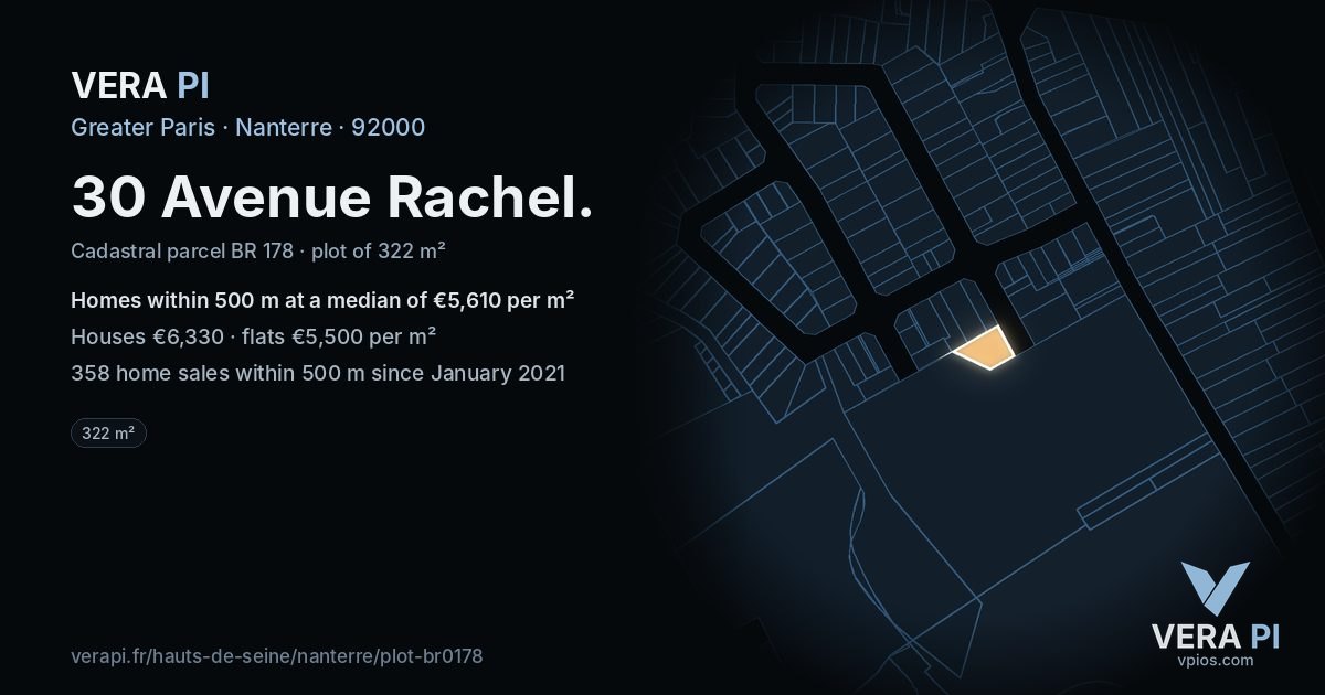 30 Avenue Rachel, Nanterre at night – the plot lit, the parcels around coloured by the prices near them