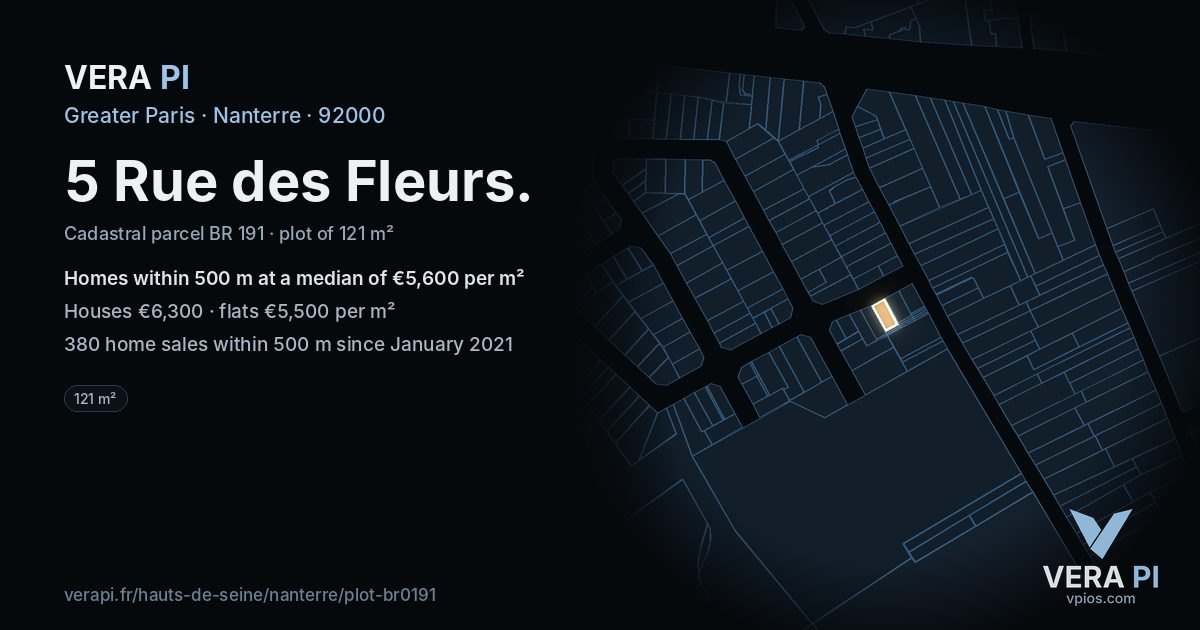 5 Rue des Fleurs, Nanterre at night – the plot lit, the parcels around coloured by the prices near them