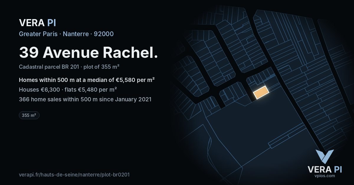 39 Avenue Rachel, Nanterre at night – the plot lit, the parcels around coloured by the prices near them
