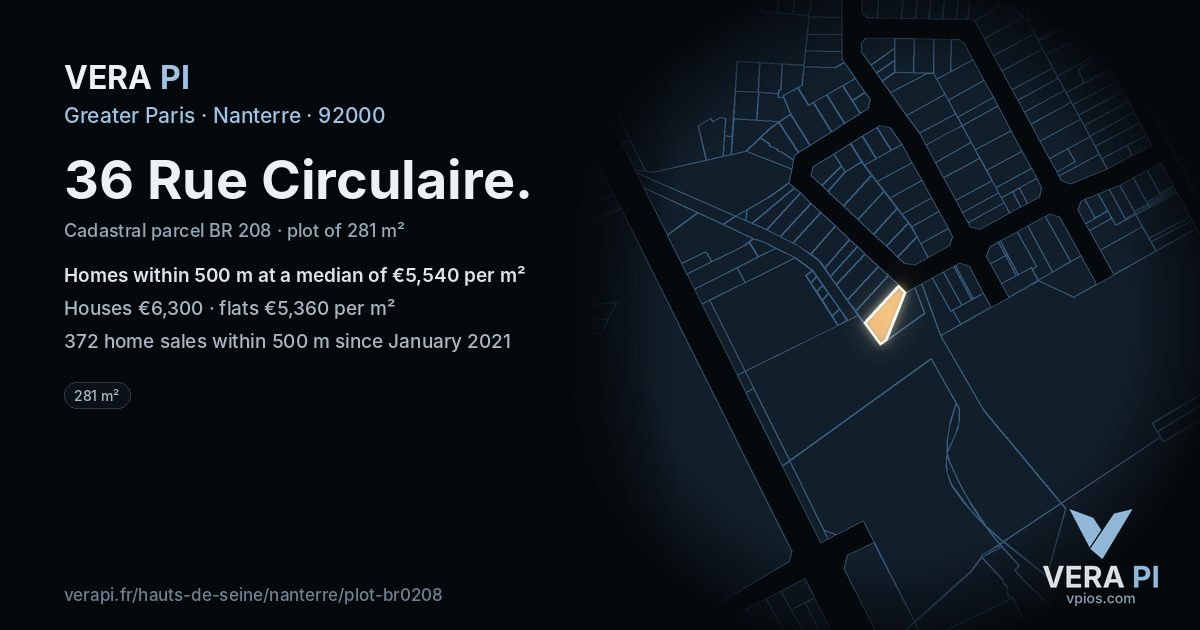 36 Rue Circulaire, Nanterre at night – the plot lit, the parcels around coloured by the prices near them