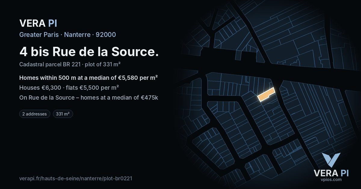 4 bis Rue de la Source, Nanterre at night – the plot lit, the parcels around coloured by the prices near them