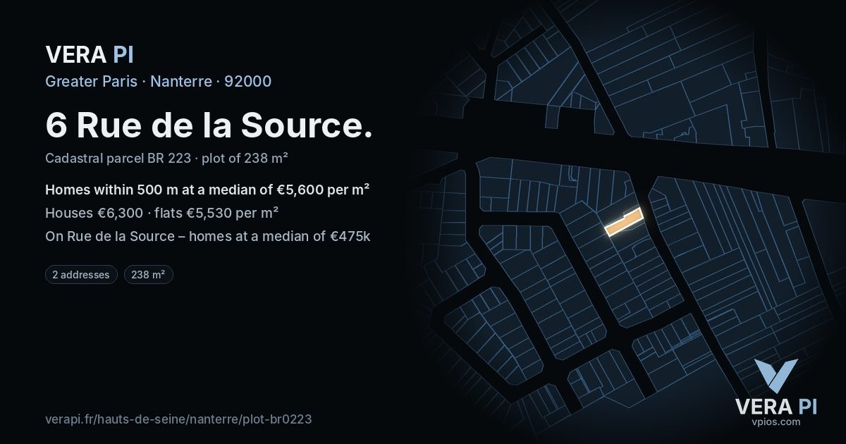 6 Rue de la Source, Nanterre at night – the plot lit, the parcels around coloured by the prices near them
