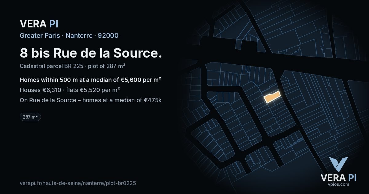 8 bis Rue de la Source, Nanterre at night – the plot lit, the parcels around coloured by the prices near them