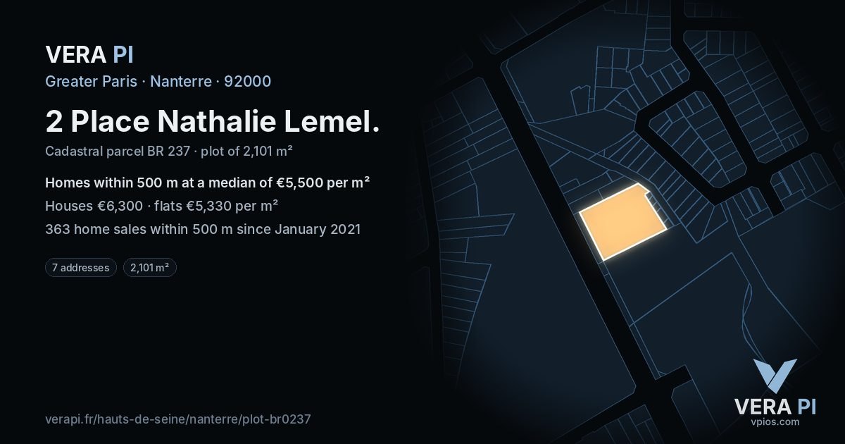 2 Place Nathalie Lemel, Nanterre at night – the plot lit, the parcels around coloured by the prices near them