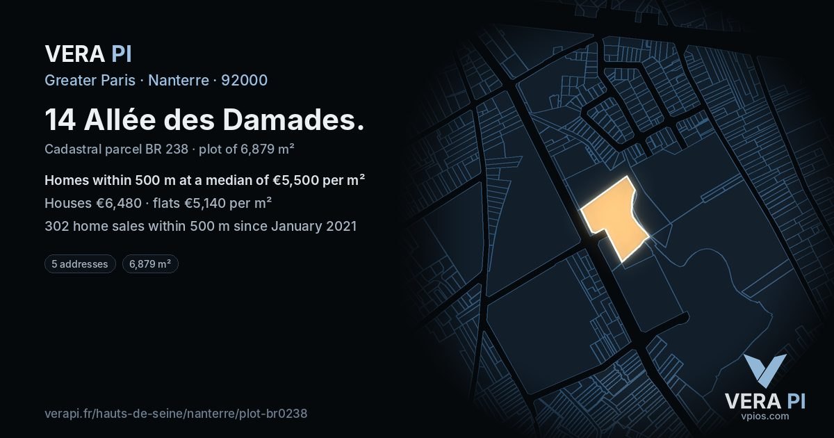 14 Allée des Damades, Nanterre at night – the plot lit, the parcels around coloured by the prices near them