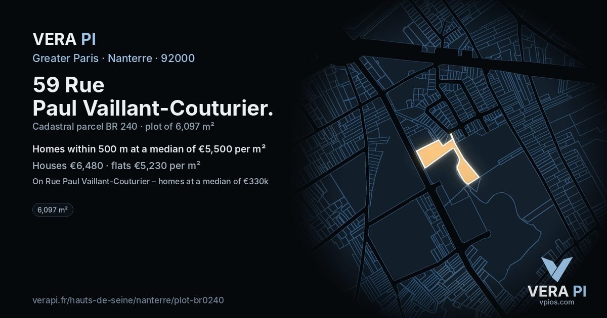 59 Rue Paul Vaillant-Couturier, Nanterre at night – the plot lit, the parcels around coloured by the prices near them