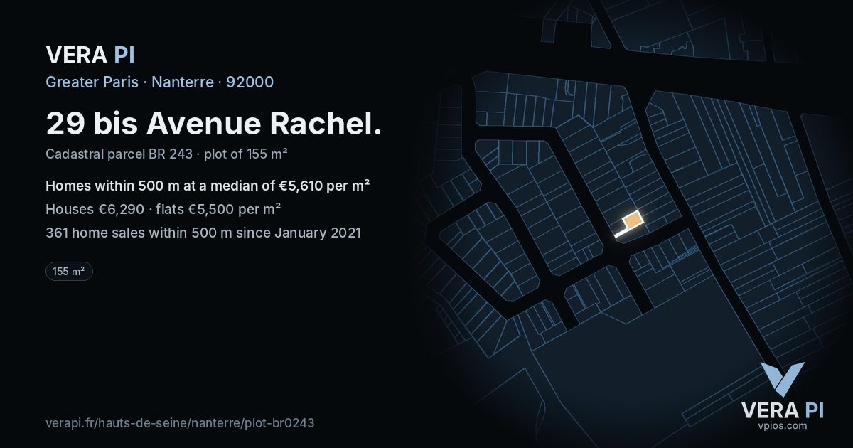 29 bis Avenue Rachel, Nanterre at night – the plot lit, the parcels around coloured by the prices near them