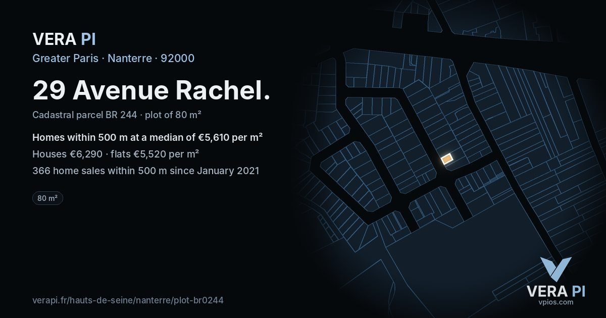 29 Avenue Rachel, Nanterre at night – the plot lit, the parcels around coloured by the prices near them