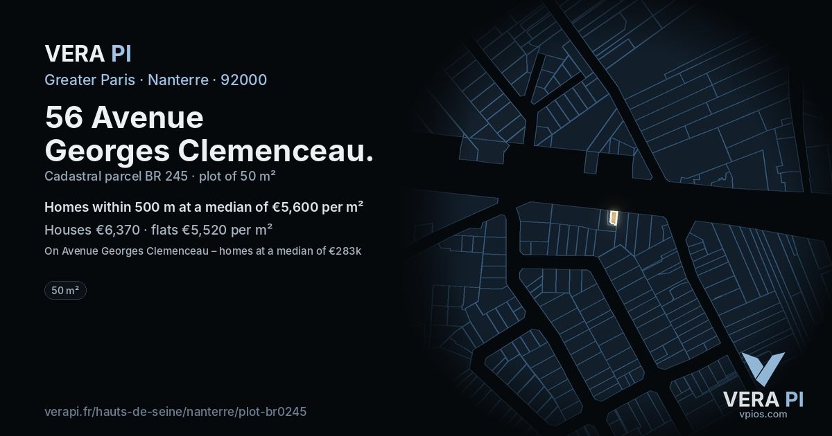 56 Avenue Georges Clemenceau, Nanterre at night – the plot lit, the parcels around coloured by the prices near them