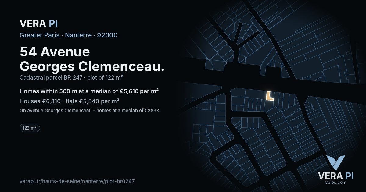 54 Avenue Georges Clemenceau, Nanterre at night – the plot lit, the parcels around coloured by the prices near them