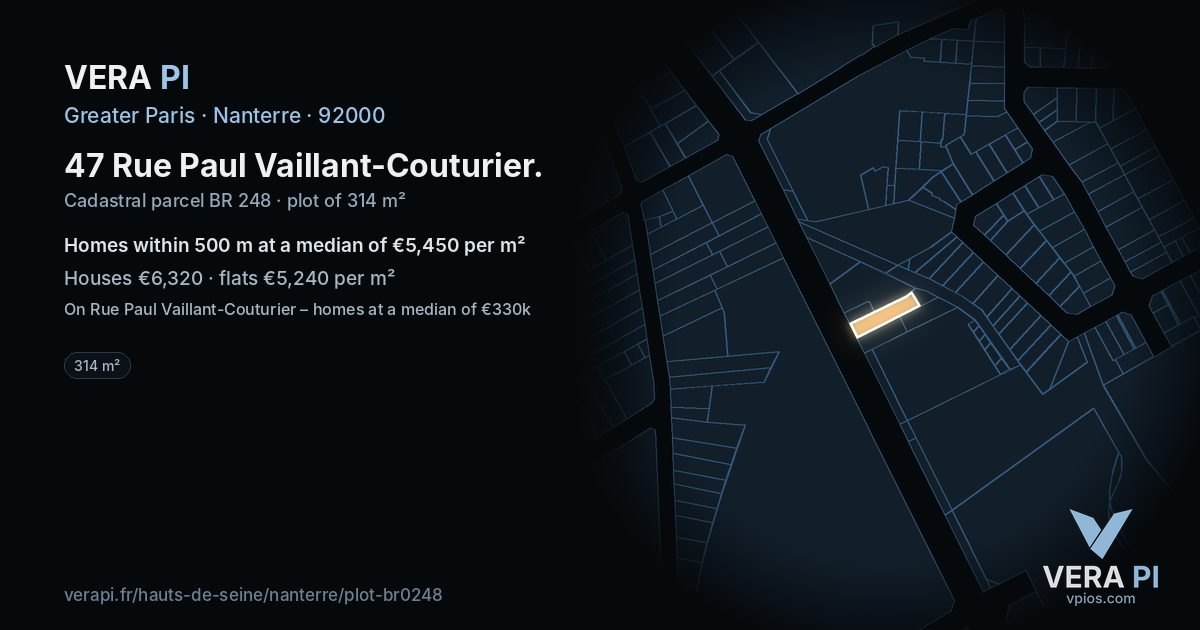 47 Rue Paul Vaillant-Couturier, Nanterre at night – the plot lit, the parcels around coloured by the prices near them