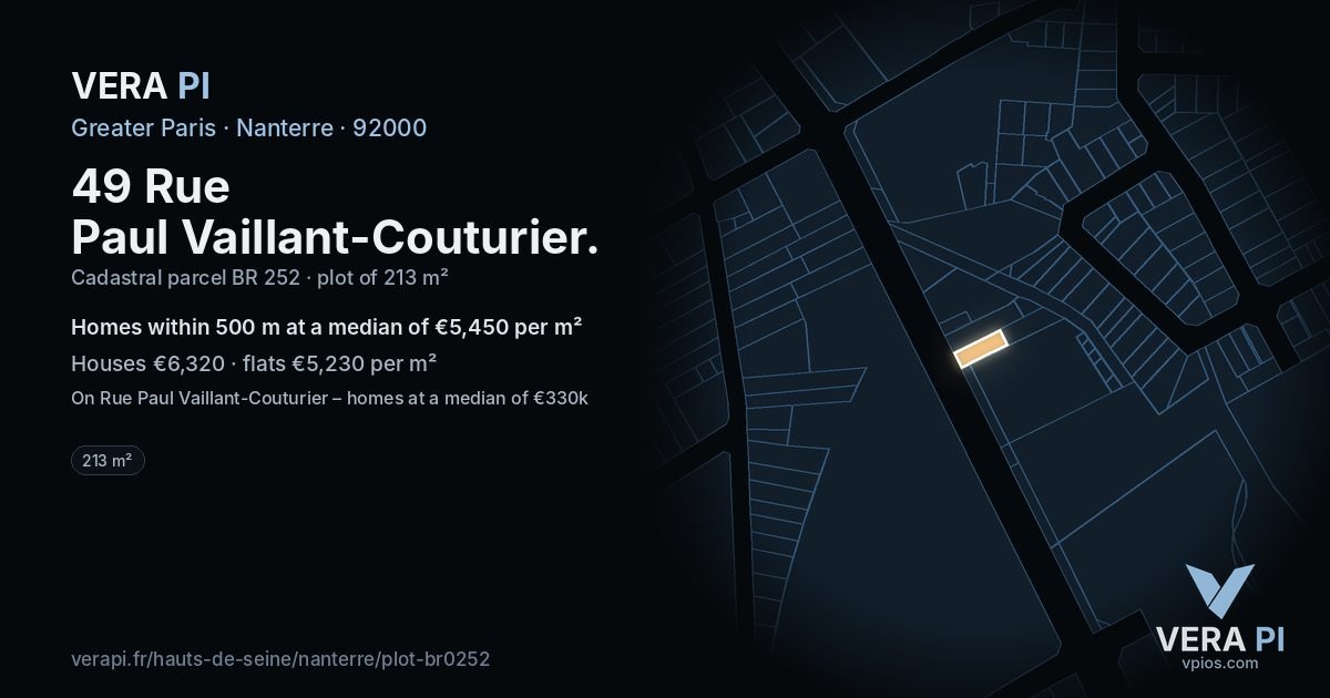 49 Rue Paul Vaillant-Couturier, Nanterre at night – the plot lit, the parcels around coloured by the prices near them