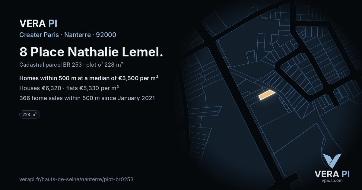 8 Place Nathalie Lemel, Nanterre at night – the plot lit, the parcels around coloured by the prices near them