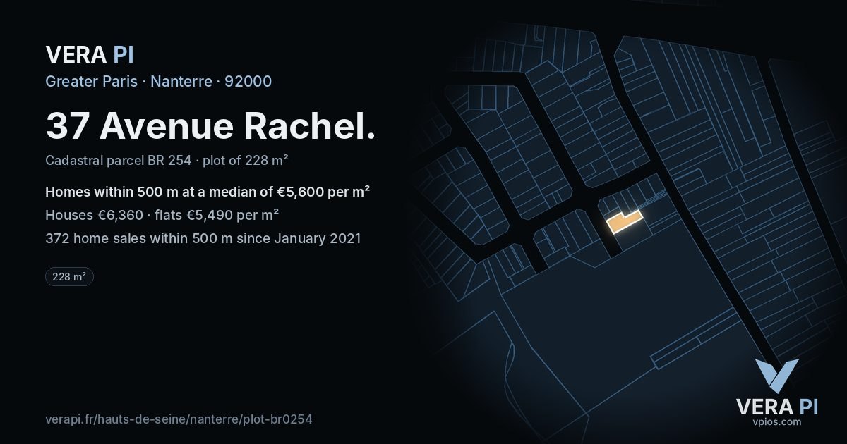 37 Avenue Rachel, Nanterre at night – the plot lit, the parcels around coloured by the prices near them