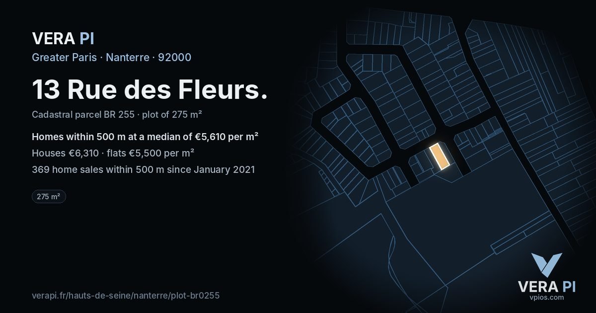 13 Rue des Fleurs, Nanterre at night – the plot lit, the parcels around coloured by the prices near them