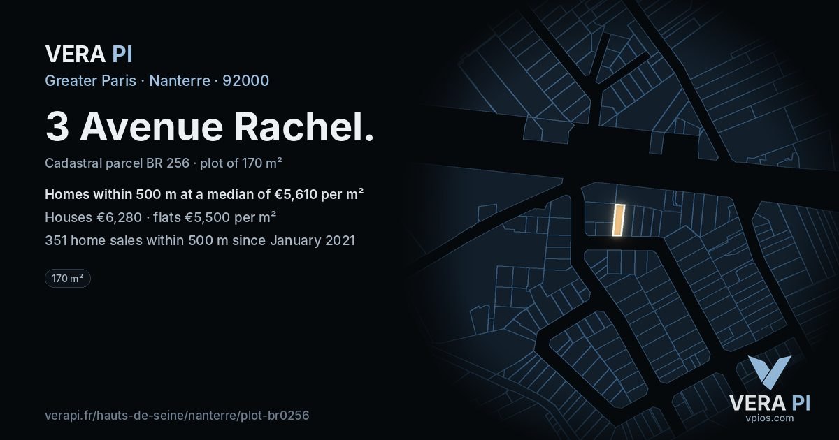3 Avenue Rachel, Nanterre at night – the plot lit, the parcels around coloured by the prices near them