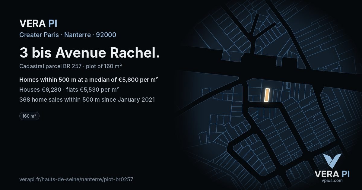 3 bis Avenue Rachel, Nanterre at night – the plot lit, the parcels around coloured by the prices near them