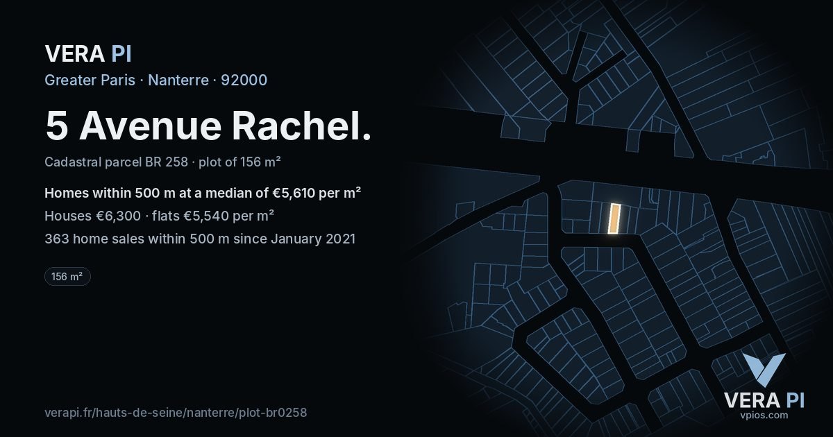 5 Avenue Rachel, Nanterre at night – the plot lit, the parcels around coloured by the prices near them