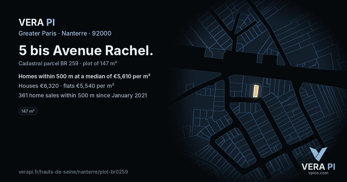 5 bis Avenue Rachel, Nanterre at night – the plot lit, the parcels around coloured by the prices near them