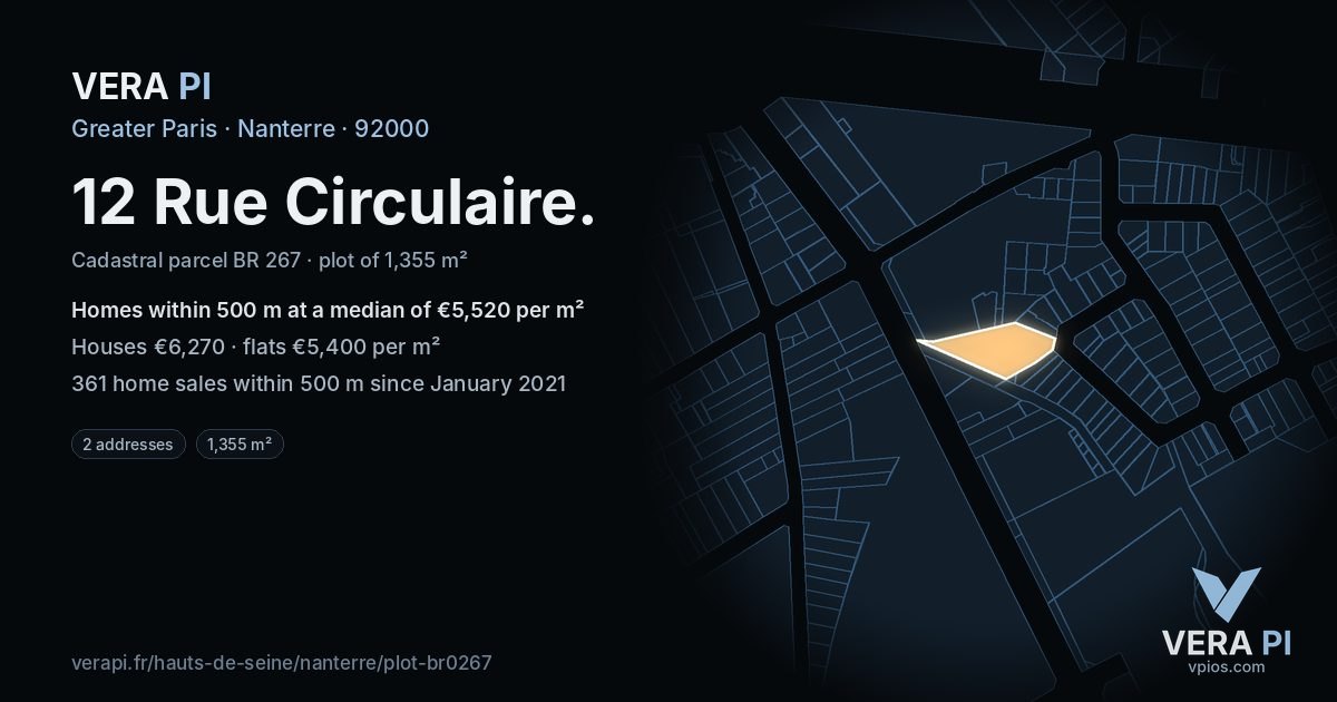12 Rue Circulaire, Nanterre at night – the plot lit, the parcels around coloured by the prices near them