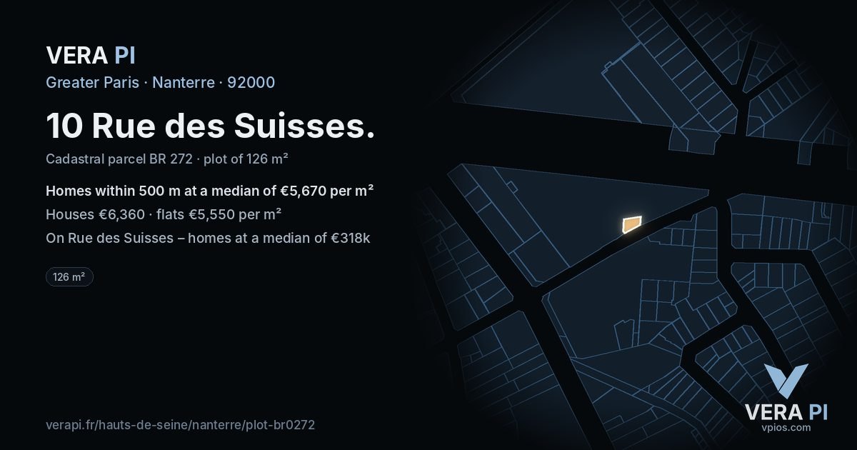 10 Rue des Suisses, Nanterre at night – the plot lit, the parcels around coloured by the prices near them
