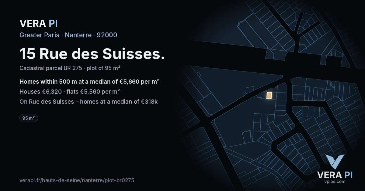 15 Rue des Suisses, Nanterre at night – the plot lit, the parcels around coloured by the prices near them