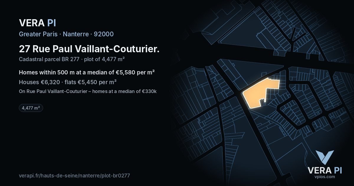 27 Rue Paul Vaillant-Couturier, Nanterre at night – the plot lit, the parcels around coloured by the prices near them