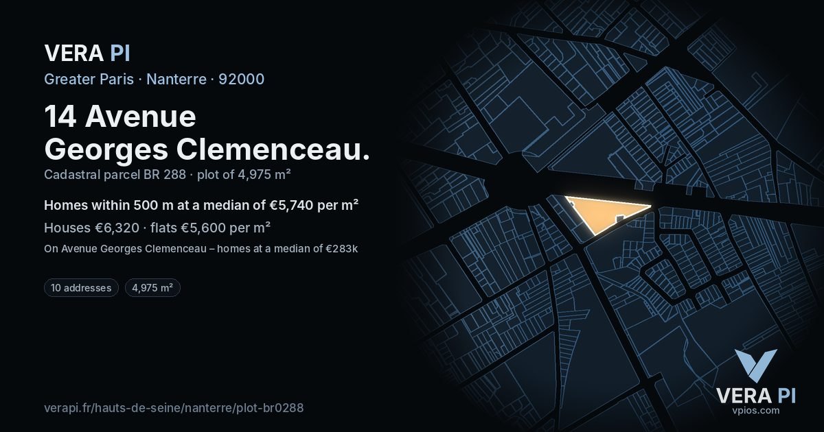14 Avenue Georges Clemenceau, Nanterre at night – the plot lit, the parcels around coloured by the prices near them