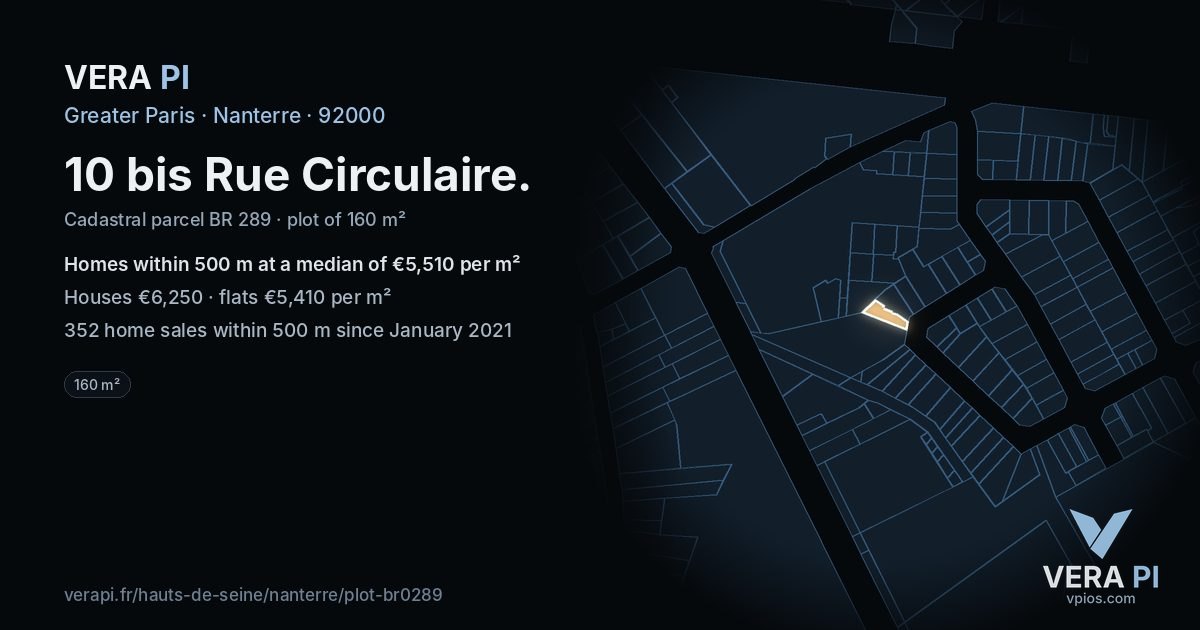 10 bis Rue Circulaire, Nanterre at night – the plot lit, the parcels around coloured by the prices near them