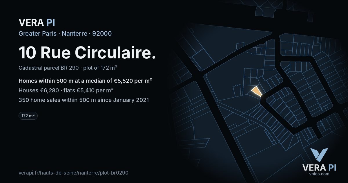 10 Rue Circulaire, Nanterre at night – the plot lit, the parcels around coloured by the prices near them