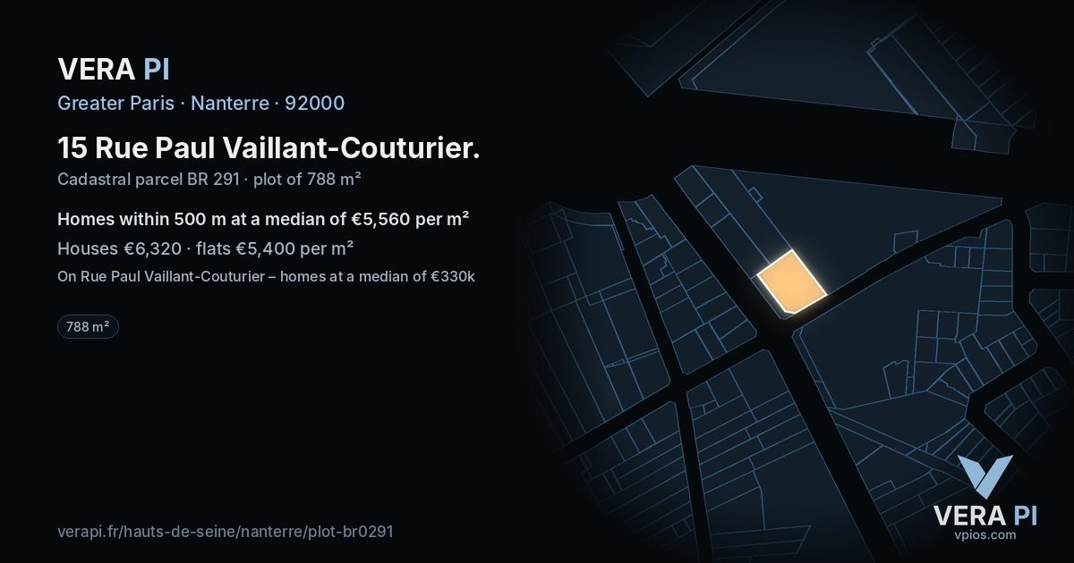 15 Rue Paul Vaillant-Couturier, Nanterre at night – the plot lit, the parcels around coloured by the prices near them