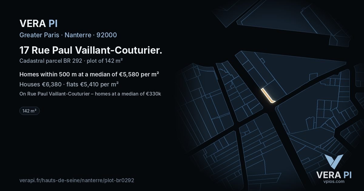 17 Rue Paul Vaillant-Couturier, Nanterre at night – the plot lit, the parcels around coloured by the prices near them
