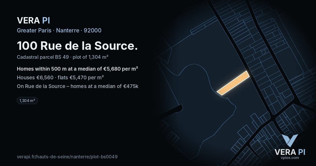 100 Rue de la Source, Nanterre at night – the plot lit, the parcels around coloured by the prices near them