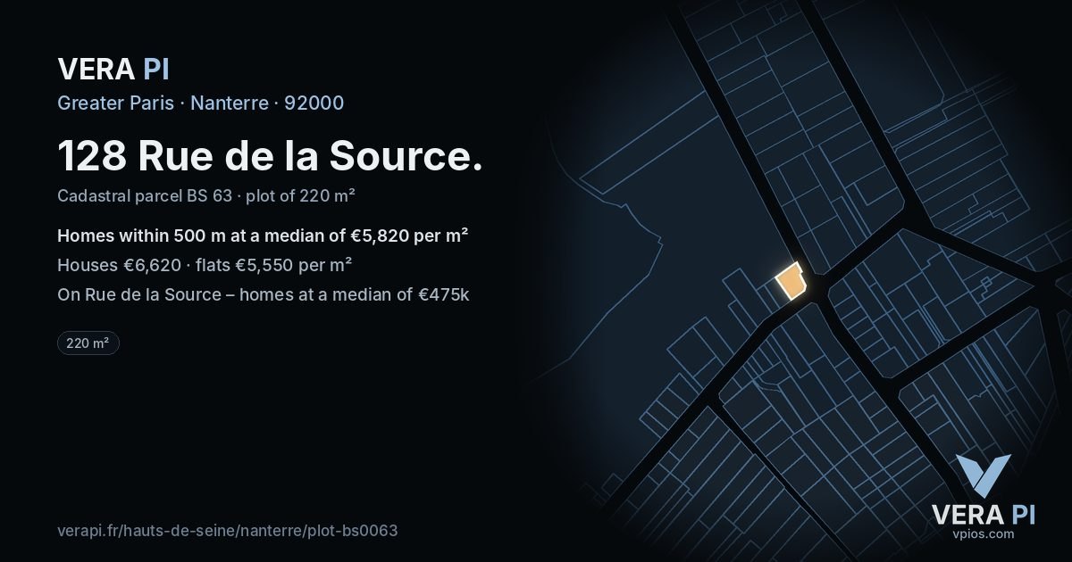 128 Rue de la Source, Nanterre at night – the plot lit, the parcels around coloured by the prices near them