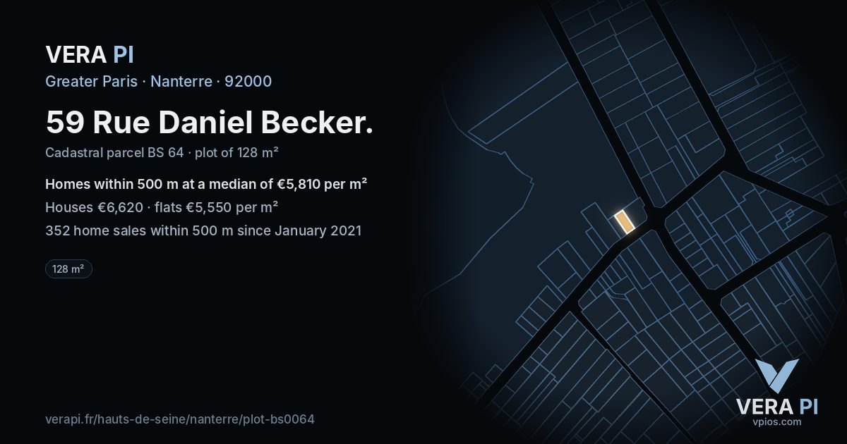 59 Rue Daniel Becker, Nanterre at night – the plot lit, the parcels around coloured by the prices near them
