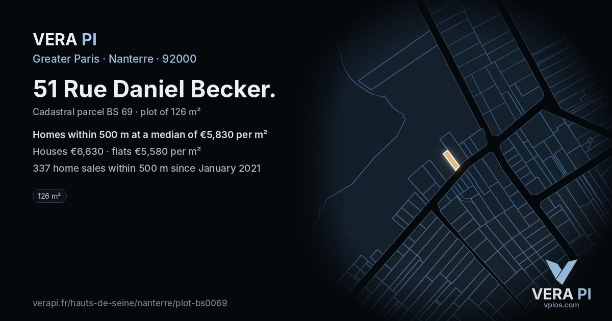 51 Rue Daniel Becker, Nanterre at night – the plot lit, the parcels around coloured by the prices near them