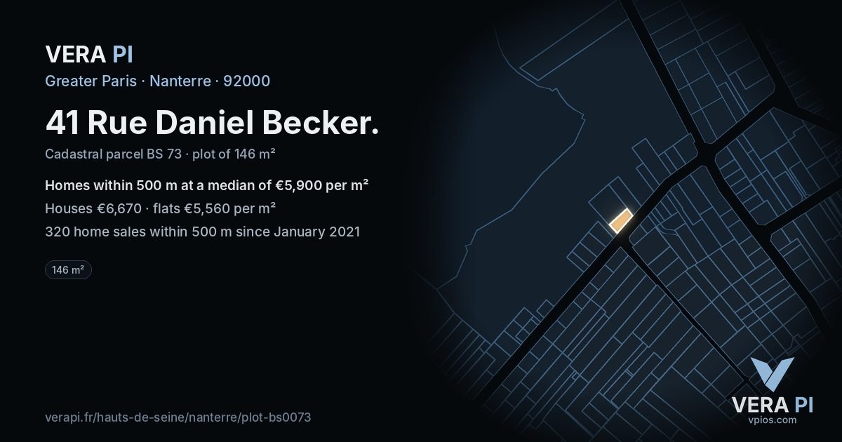 41 Rue Daniel Becker, Nanterre at night – the plot lit, the parcels around coloured by the prices near them